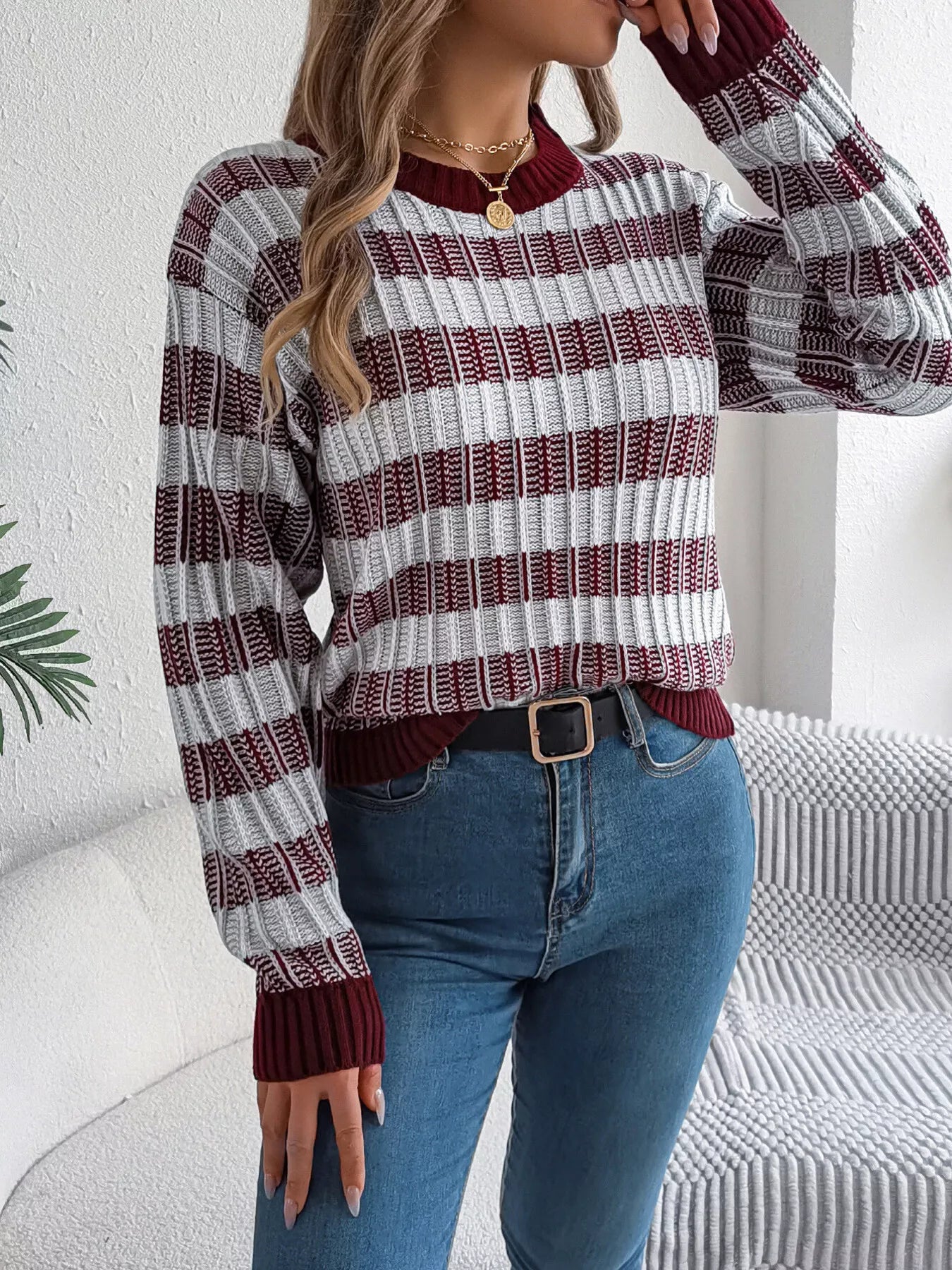 Striped Round Neck Long Sleeve Sweater - Tigbul's Variety Fashion Shop