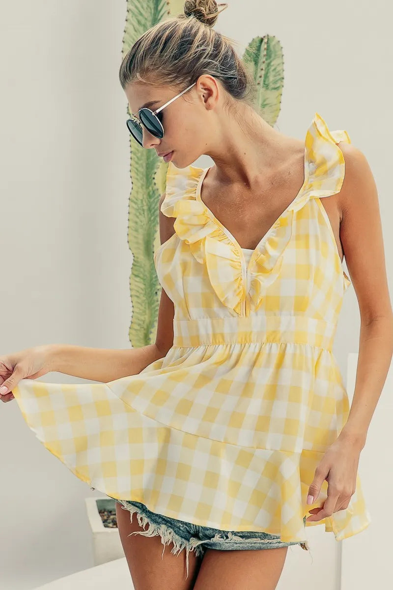 Ruffled Neckline Sleeveless Check Plaid Peplum Top - Tigbul's Variety Fashion Shop
