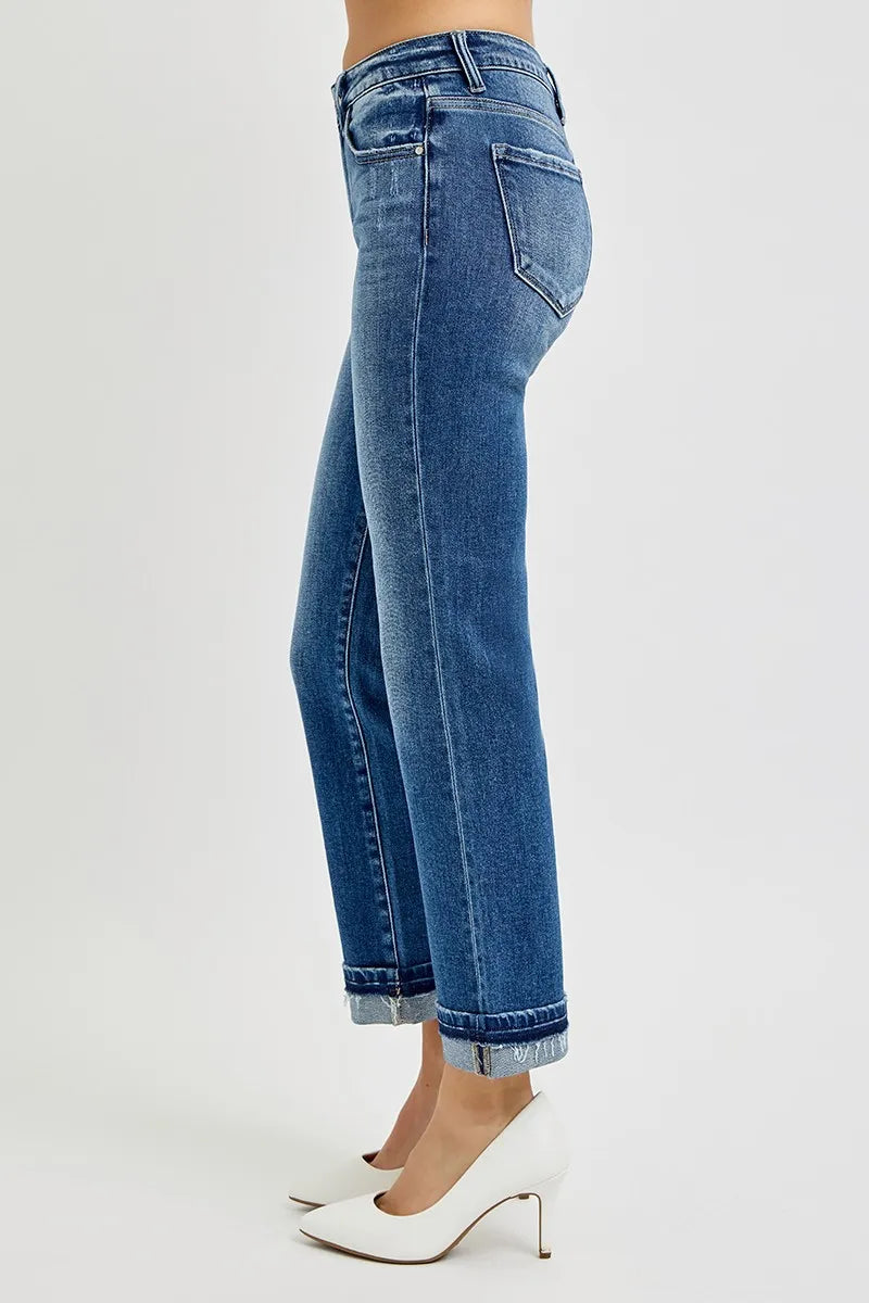 RISEN Mid Rise Ankle Straight Cuffed Jeans - Tigbul's Variety Fashion Shop