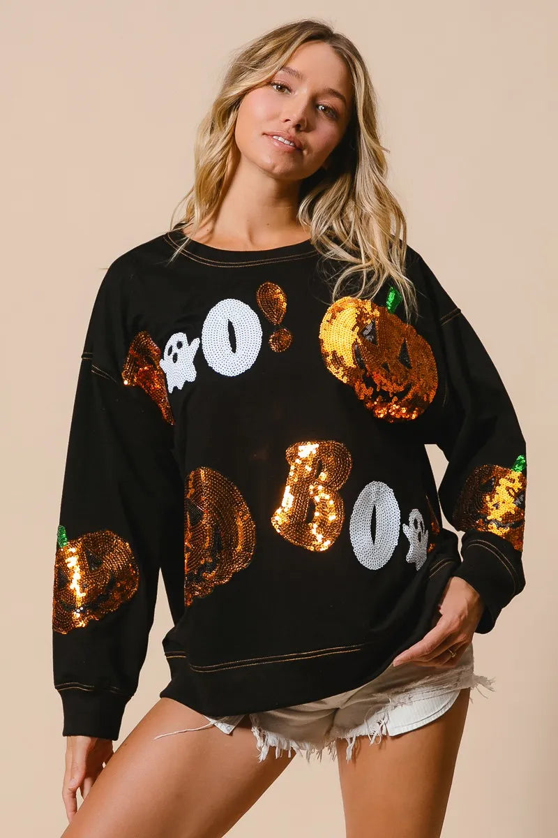 BiBi Halloween Theme Sequin Embroideries Sweatshirt - Tigbul's Variety Fashion Shop