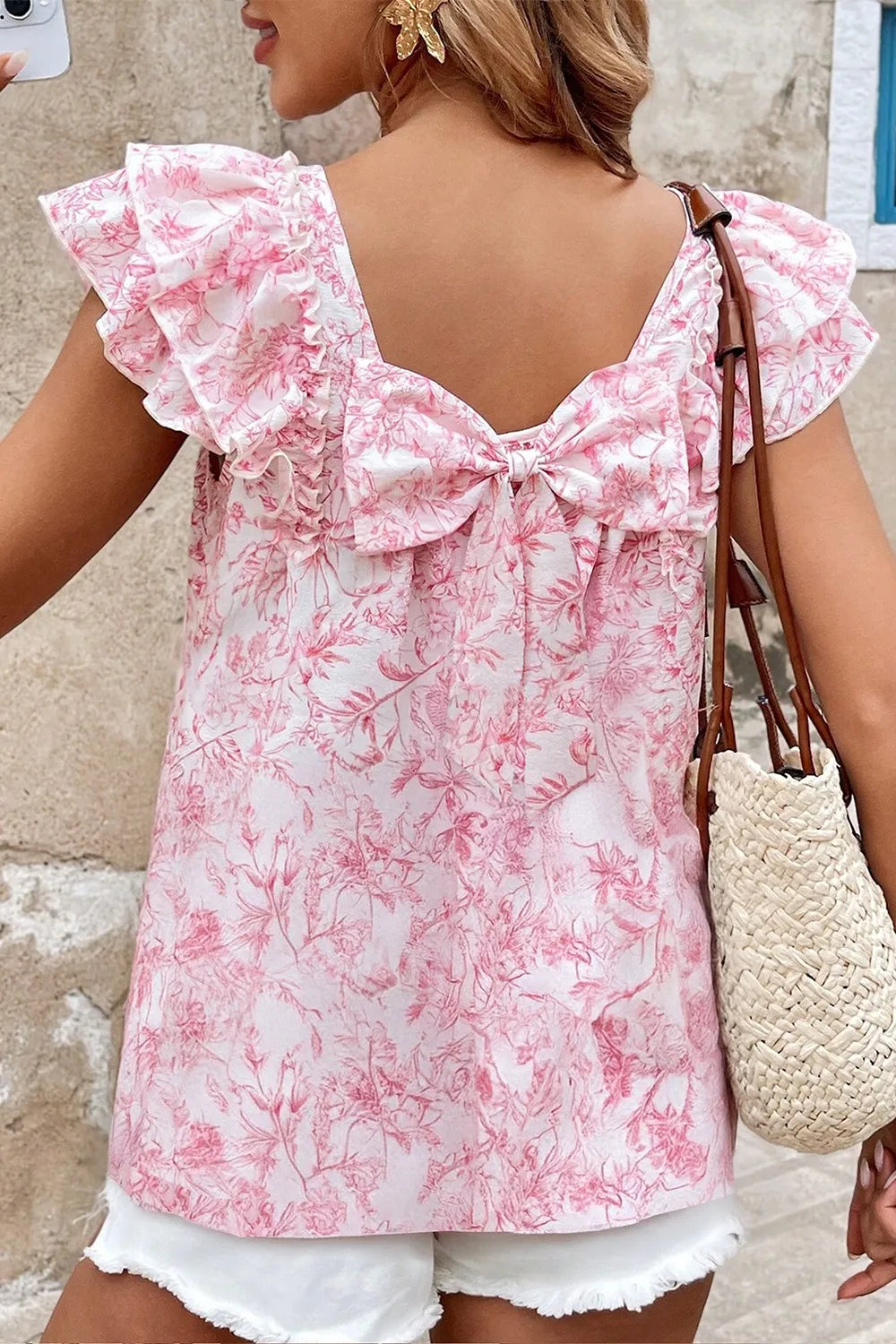 Bow Back Printed Ruffled Cap Sleeve Pink Blouse - Tigbul's Variety Fashion Shop