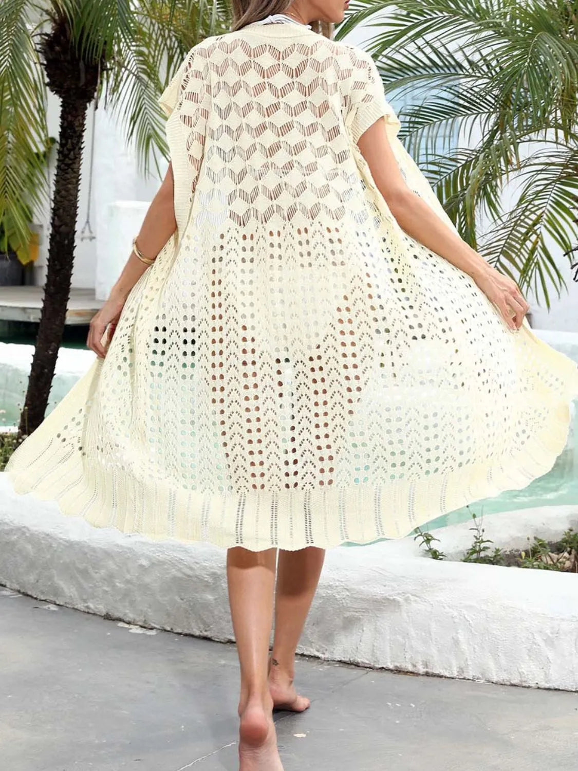 Open Front Short Sleeve Openwork Cover-Up - Tigbul's Variety Fashion Shop