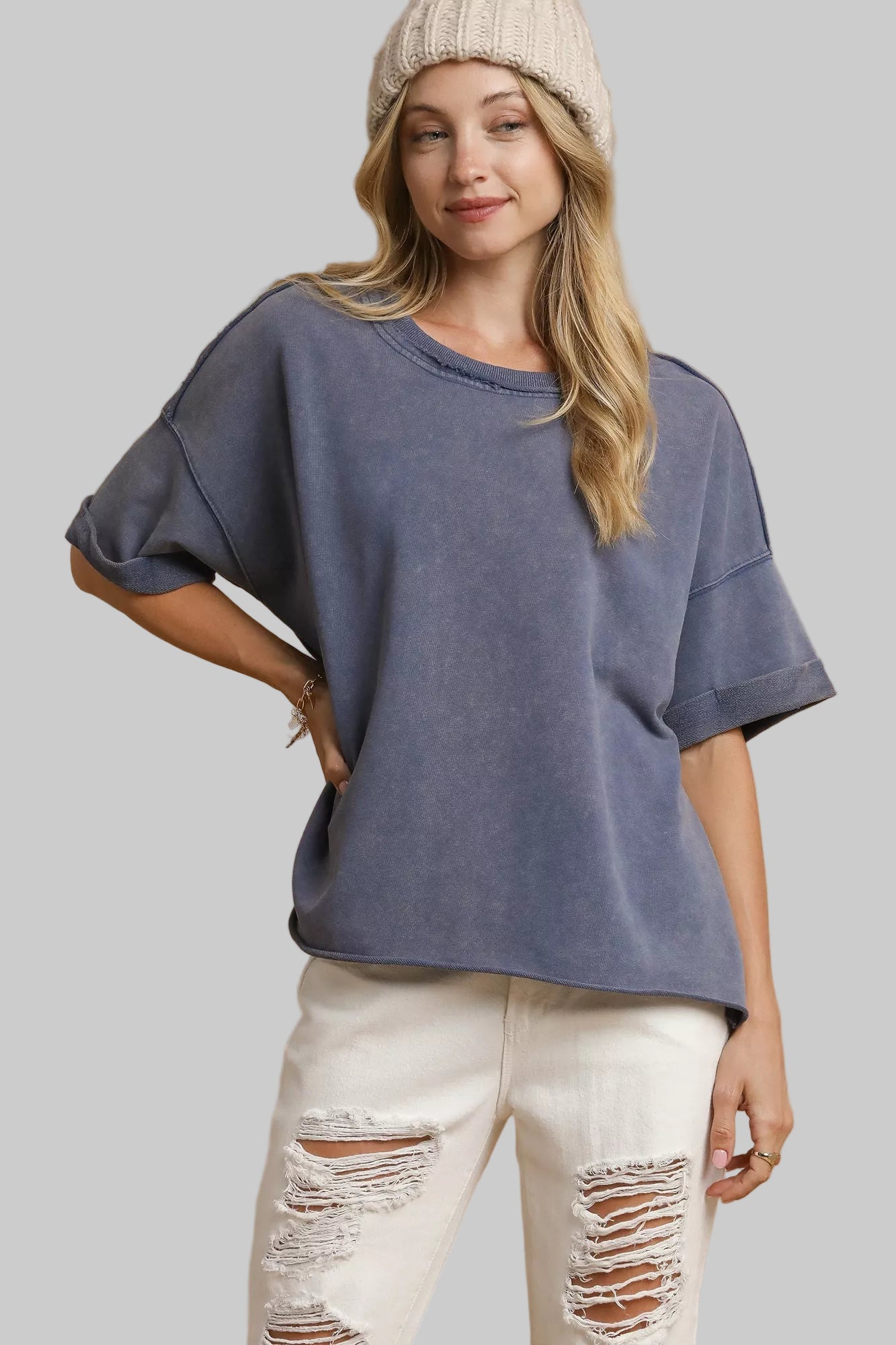 Denim Blue Mineral Wash Round Neck Top - Tigbul's Variety Fashion Shop