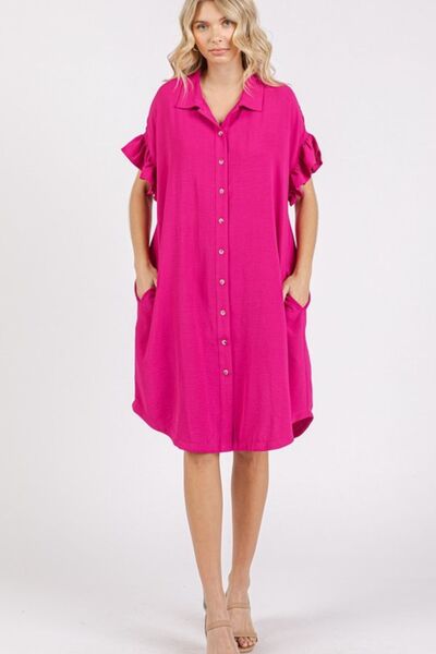 Fuchsia Pink Button Down Flounce Sleeve Dress with Pockets - Tigbul's Variety Fashion Shop