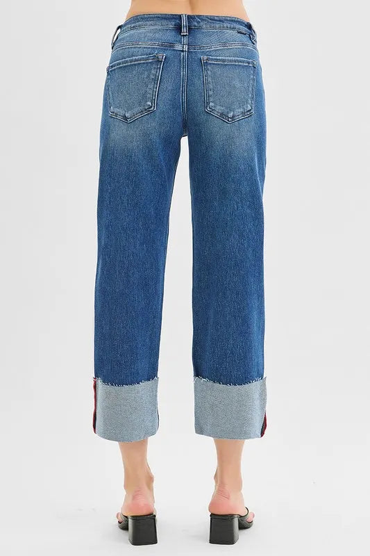RISEN Tummy Control Mid Rise Crop Wide Cuffed Jeans - Tigbul's Variety Fashion Shop