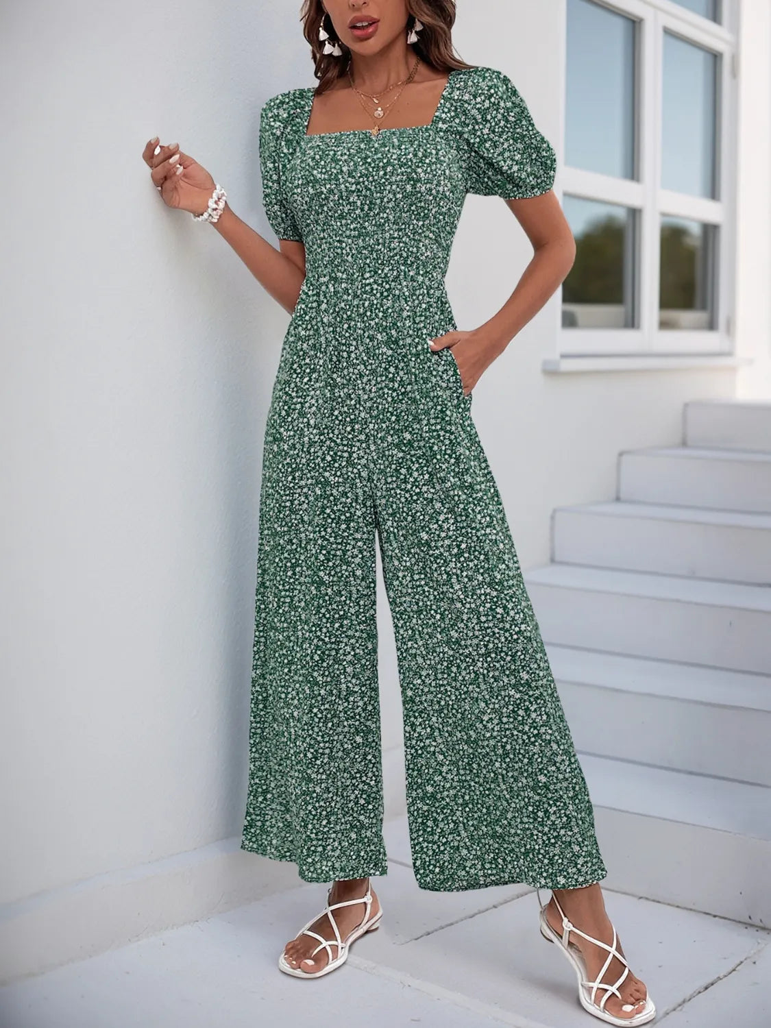 Printed Square Neck Puff Sleeve Jumpsuit - Tigbul's Variety Fashion Shop