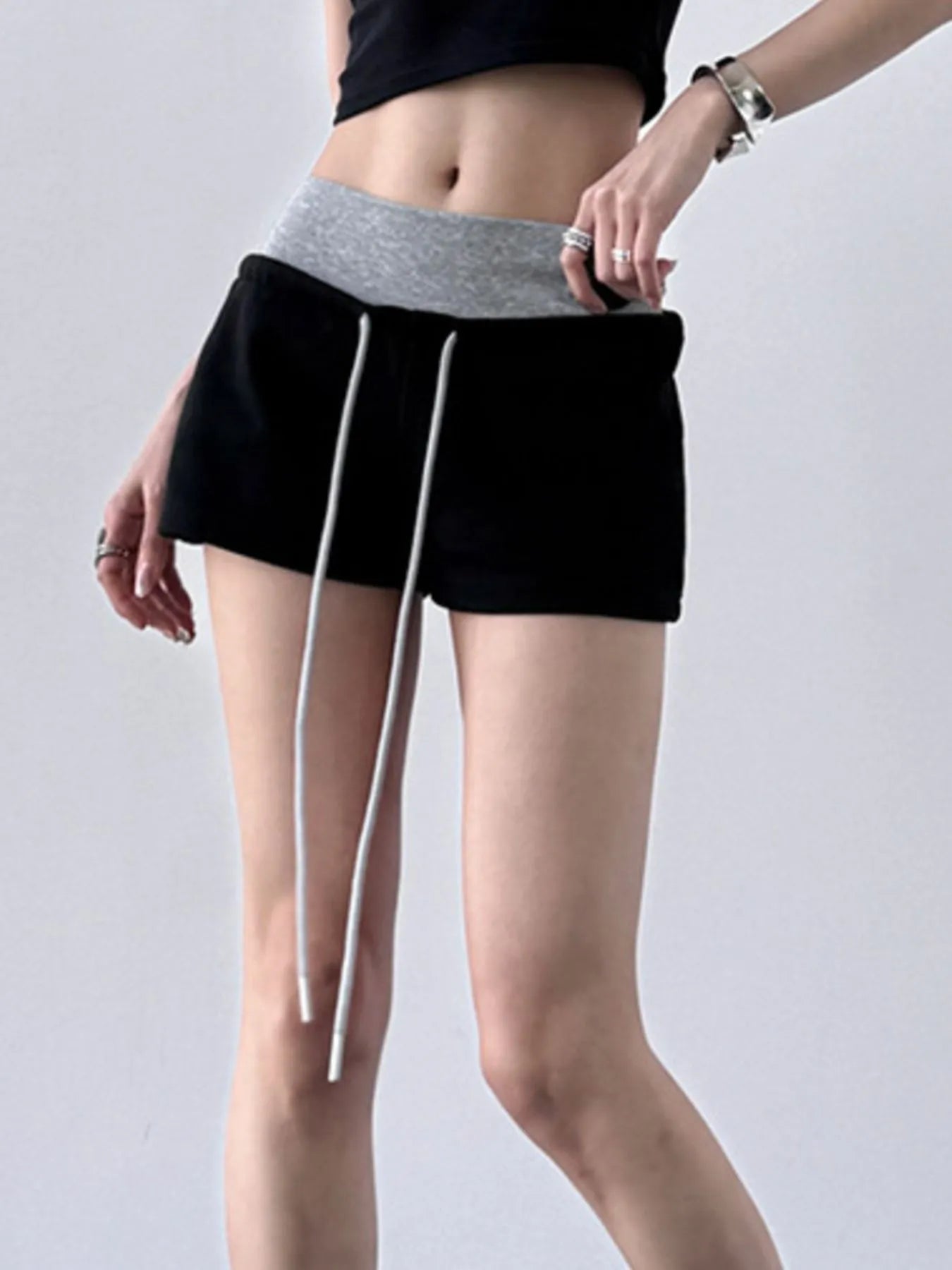 Drawstring Shorts with Contrast Waistband - Tigbul's Variety Fashion Shop