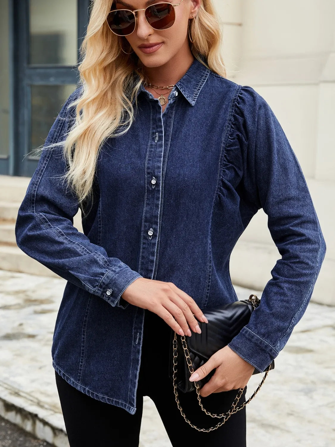 Button Down Collared Neck Denim Shirt - Tigbul's Variety Fashion Shop