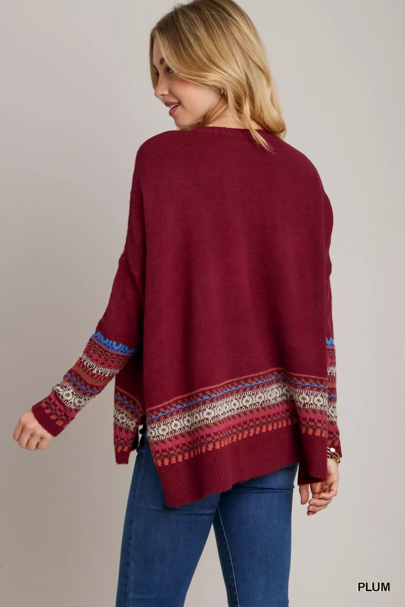 Umgee Long Sleeve Round Neck Knit Top with Side Slits and Stitch Detail - Tigbul's Variety Fashion Shop