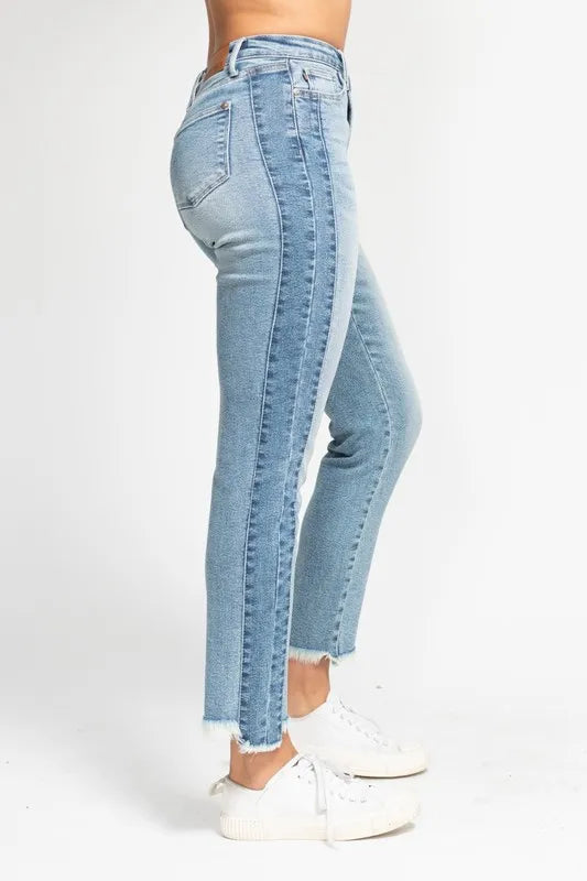 Judy Blue Full Size Vintage Wash Side Panel Detail with Fray Hem Slim Plus Size - Tigbul's Variety Fashion Shop