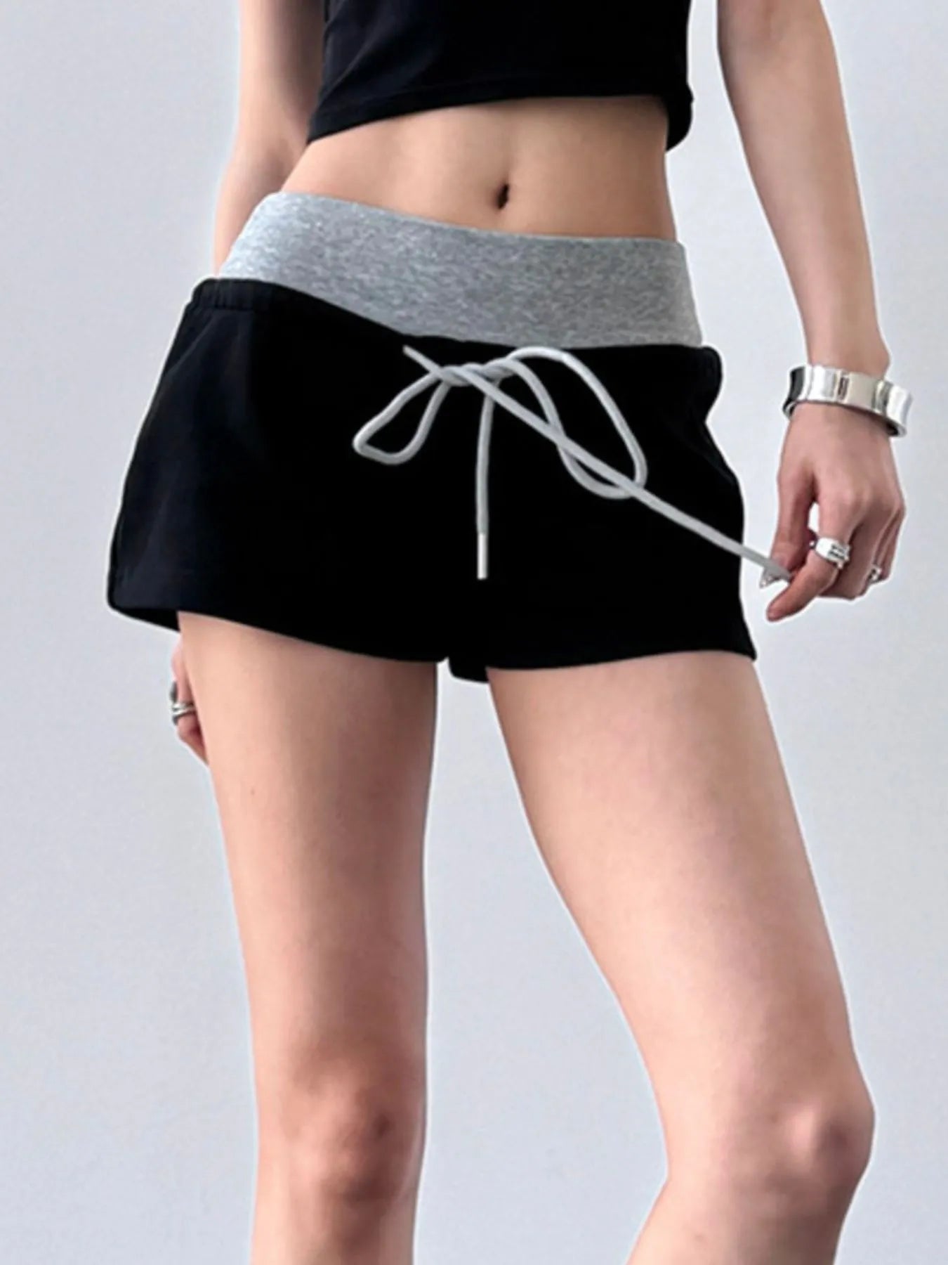 Drawstring Shorts with Contrast Waistband - Tigbul's Variety Fashion Shop