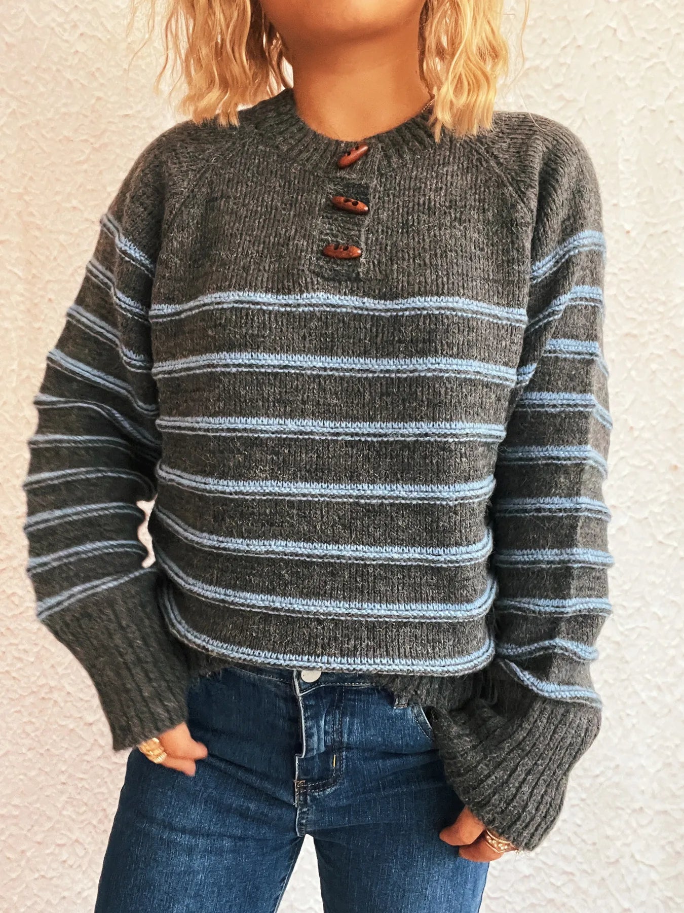 Striped Button Detail Long Sleeve Sweater - Tigbul's Variety Fashion Shop