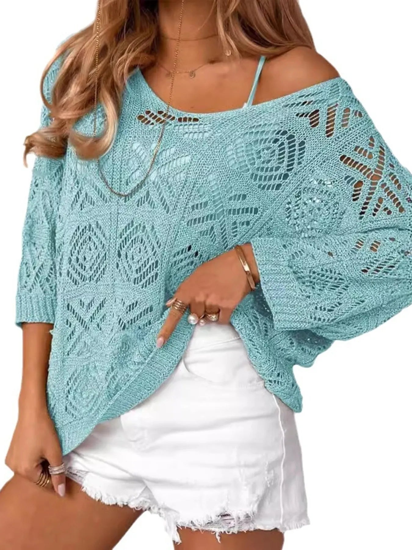 Openwork 3/4 Sleeve Knit Cover Up - Tigbul's Variety Fashion Shop