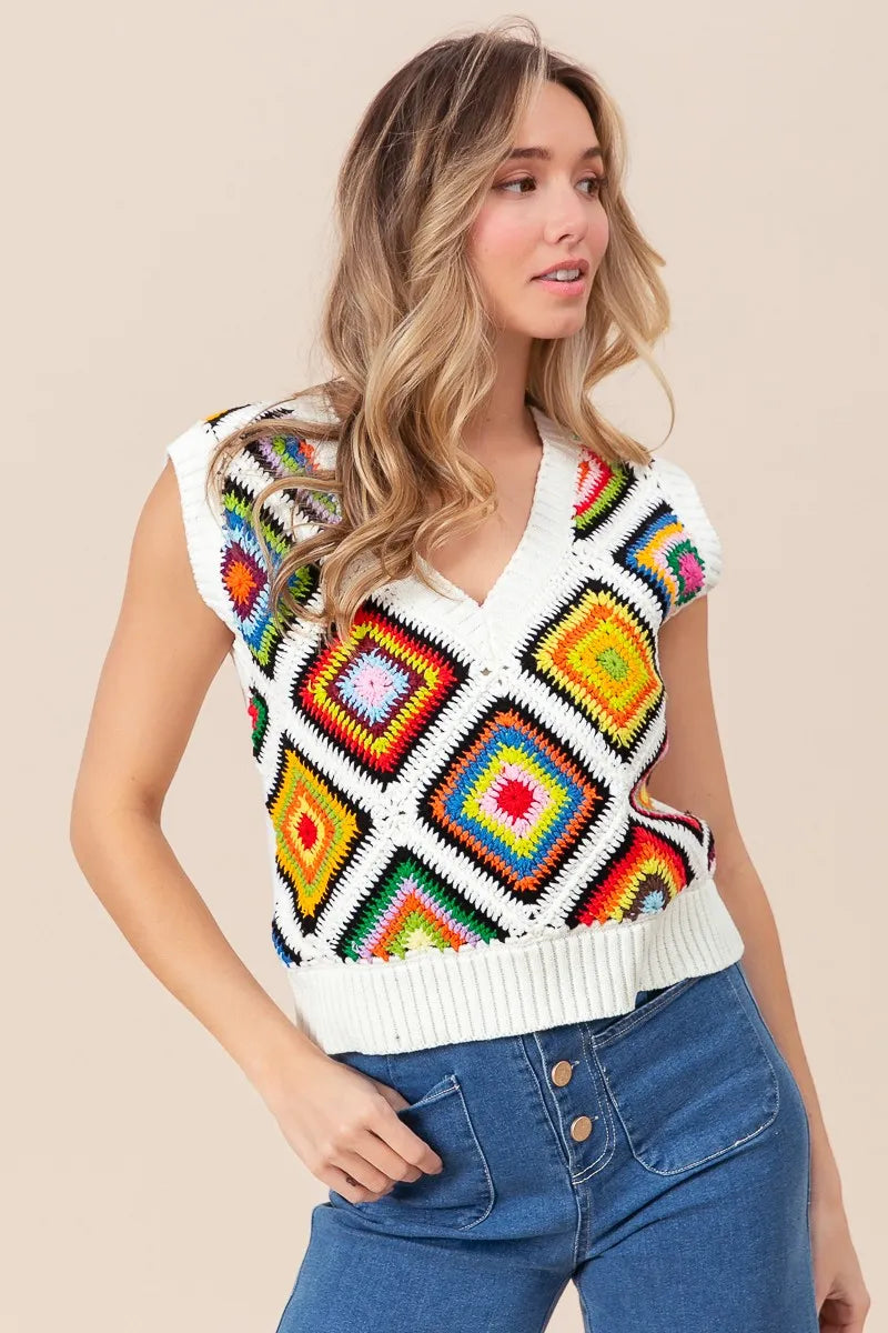 BiBi Diamond Granny Square Sweater Vest - Tigbul's Variety Fashion Shop