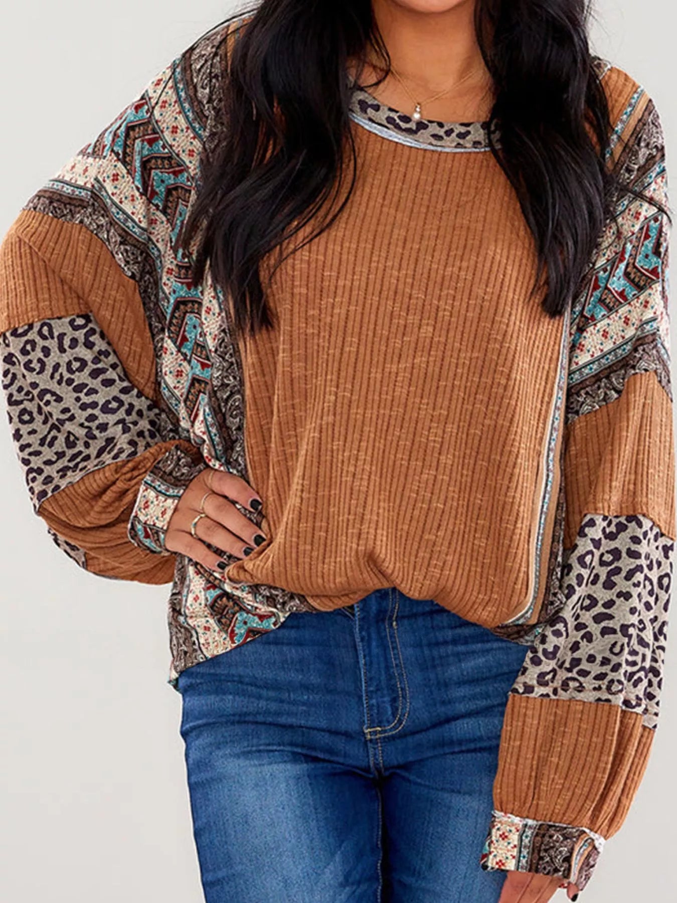 Leopard Color Block Ribbed Top - Tigbul's Variety Fashion Shop