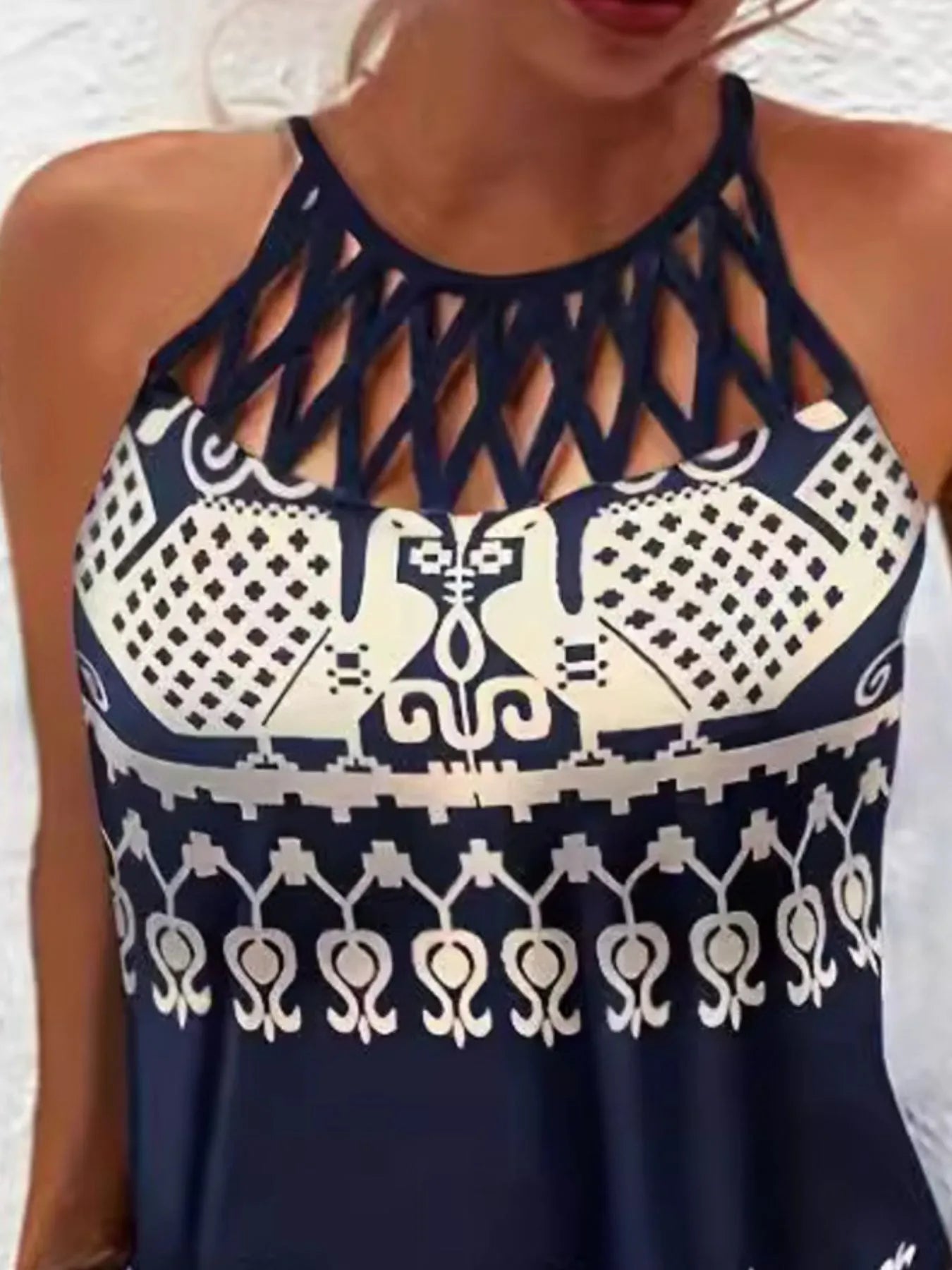 Tropical Leaf Print Halter Neck Mini Dress with Cutout Detail - Tigbul's Variety Fashion Shop