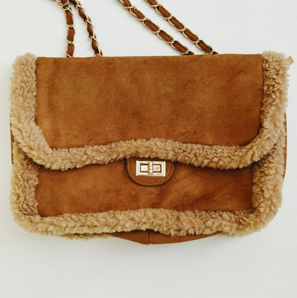 Luxe Deluxe Fluffy Trim Chain Shoulder Bag - Tigbul's Variety Fashion Shop