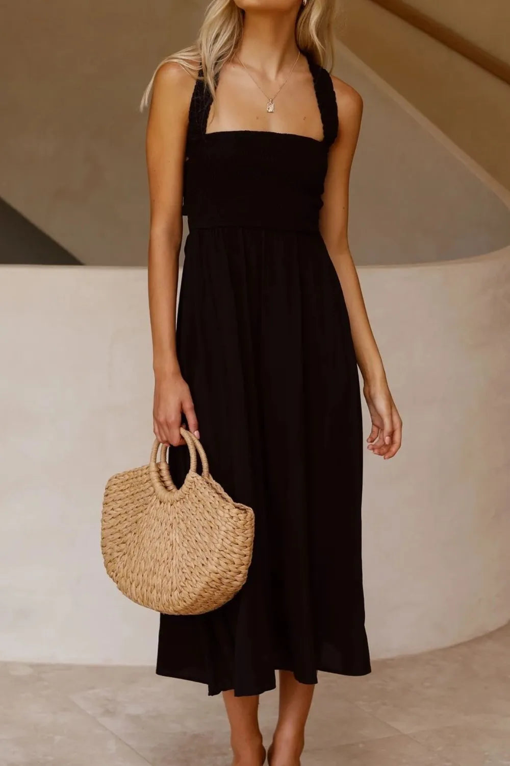 Crisscross Smocked Wide Strap Dress - Tigbul's Variety Fashion Shop