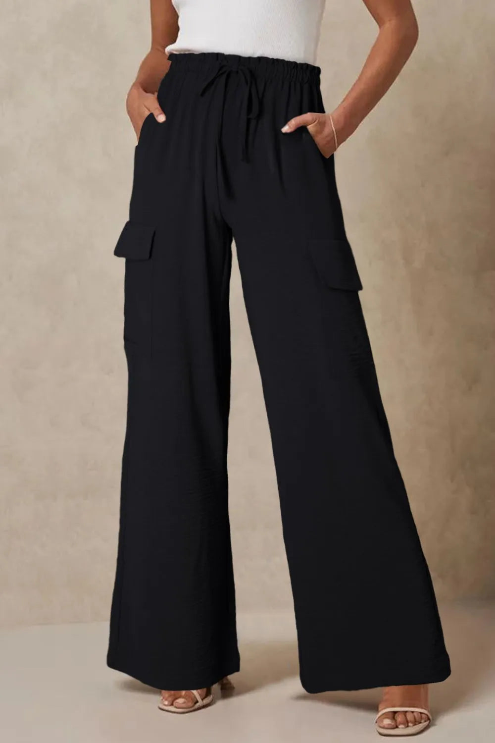 Drawstring Frilled Waist Wide Leg Utility Trousers - Tigbul's Variety Fashion Shop