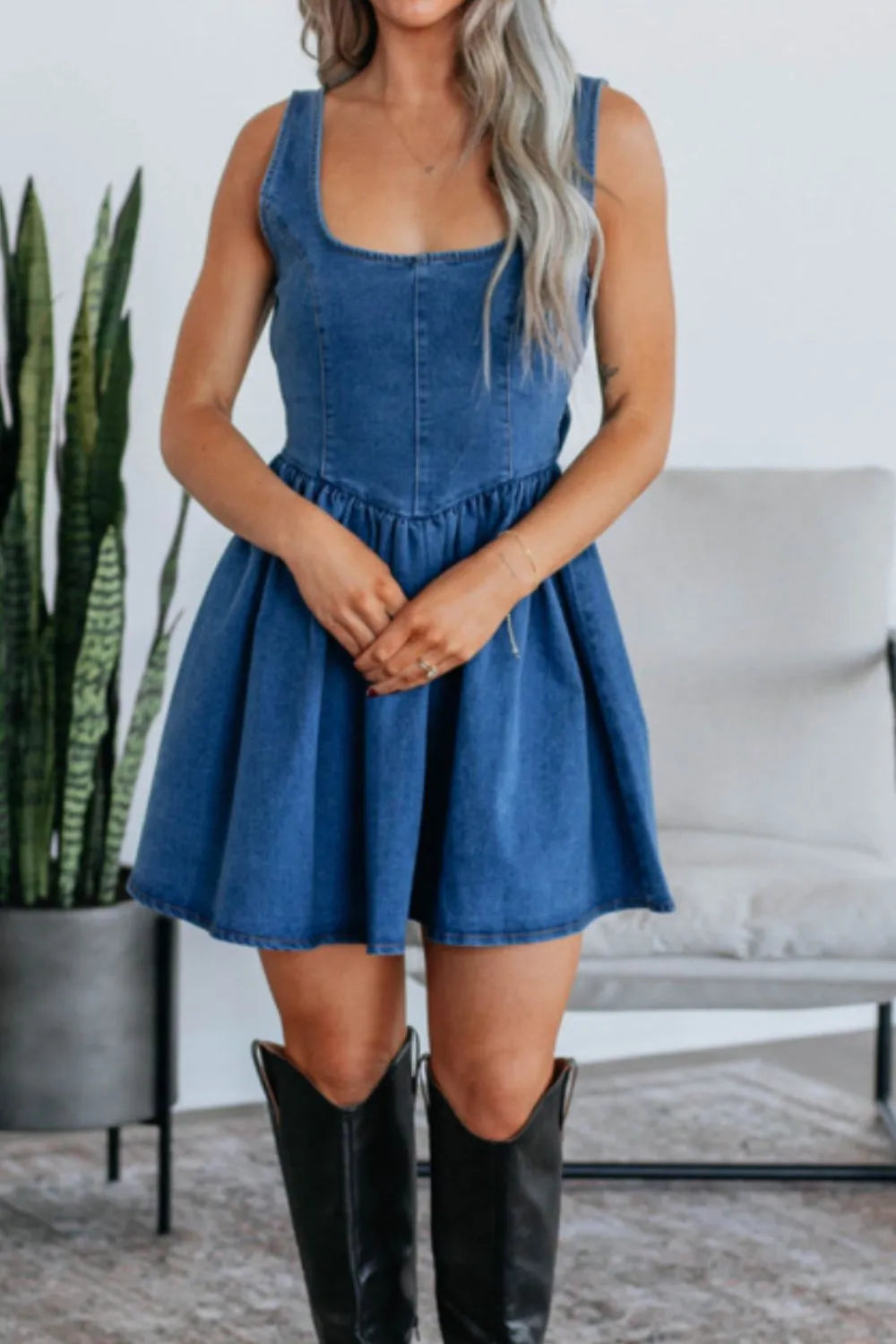 V-Back Bow Tie Denim Skater Dress - Tigbul's Variety Fashion Shop