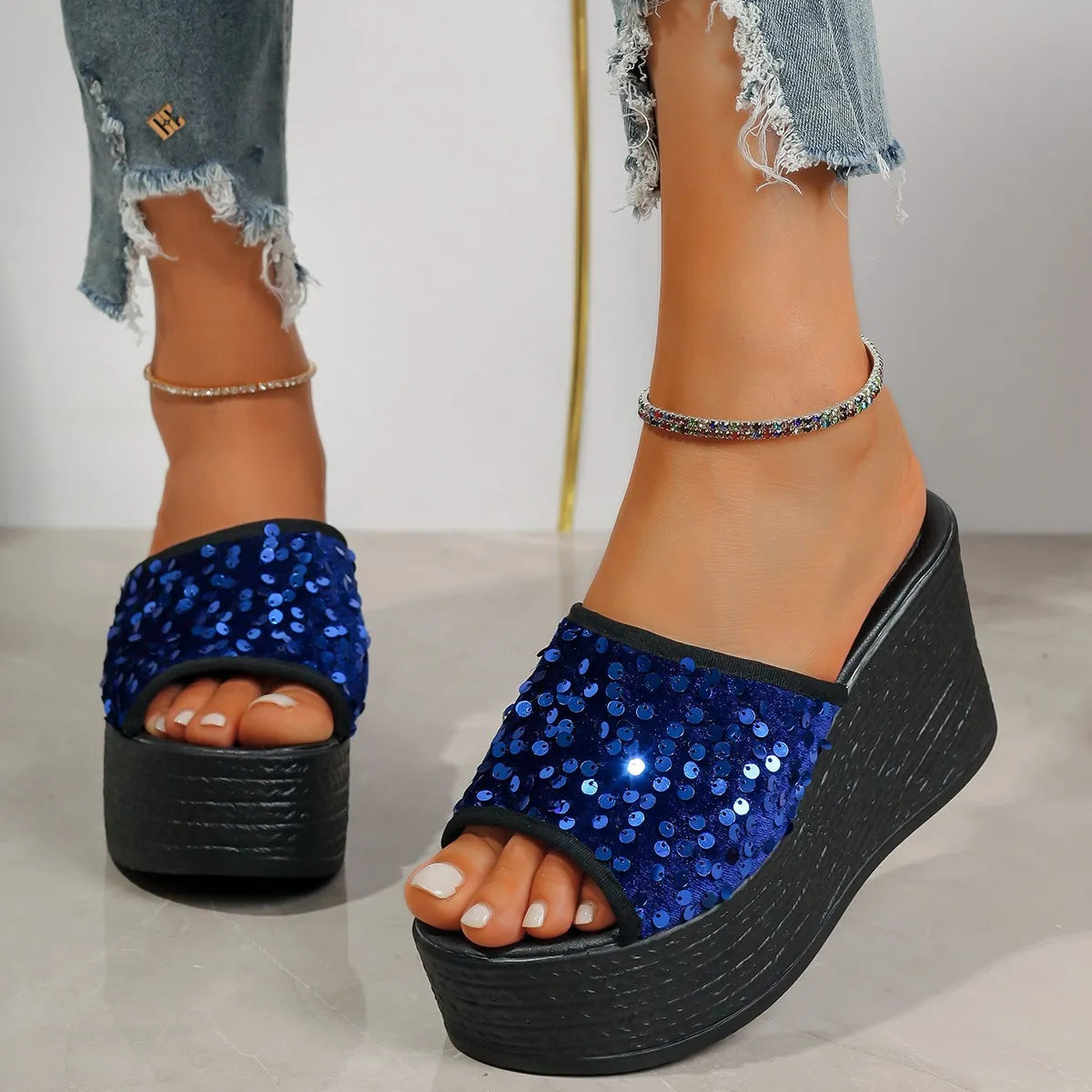Rhinestone Peep Toe Wedge Sandals - Tigbul's Variety Fashion Shop