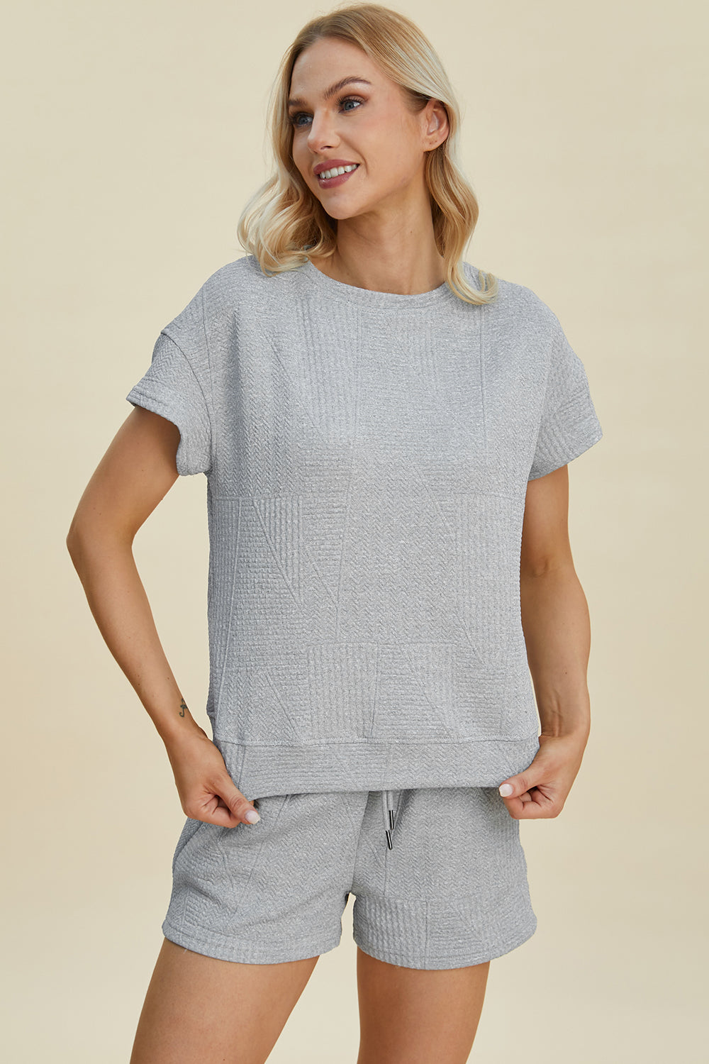 Texture Short Sleeve Top and Shorts Set - Tigbul's Variety Fashion Shop