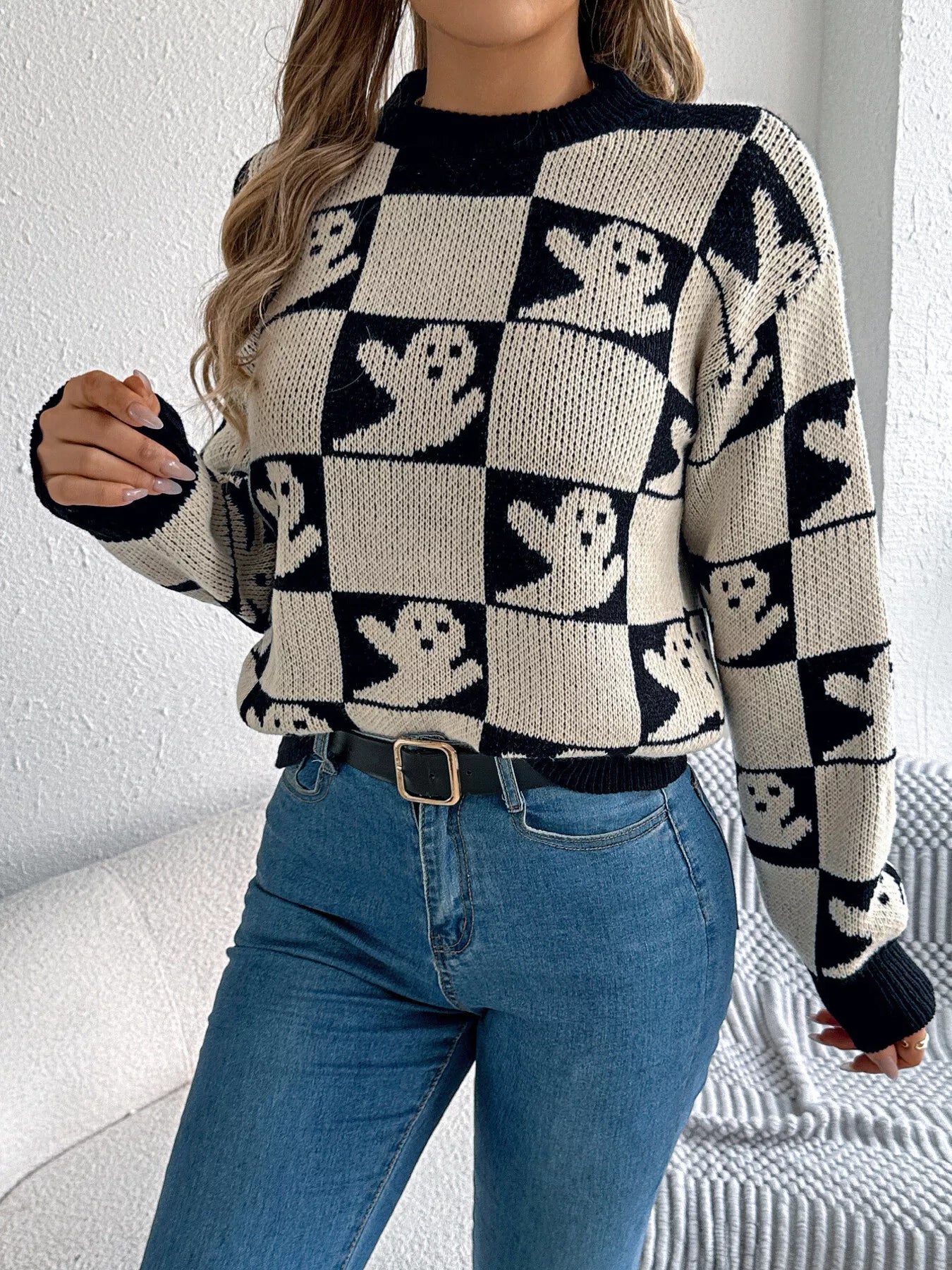Halloween Ghost Pattern Checkered Round Neck Sweater - Tigbul's Variety Fashion Shop