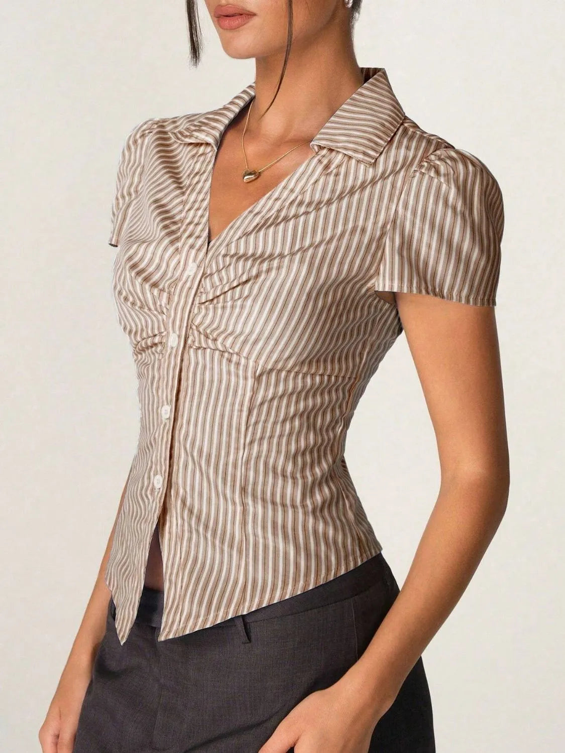 Striped Collared Neck Short Sleeve Shirt - Tigbul's Variety Fashion Shop