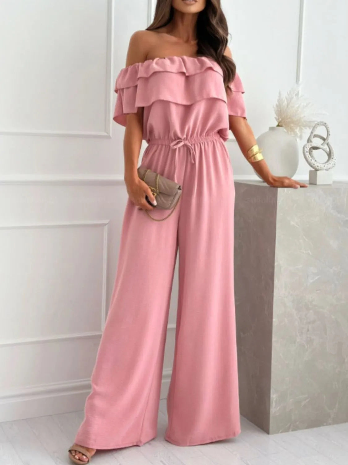 Off-Shoulder Ruffled Wide Leg Jumpsuit - Tigbul's Variety Fashion Shop