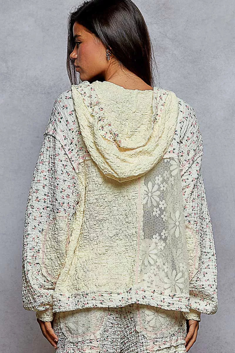 POL Floral Balloon Sleeve Hooded Lace Jacket with Stitch Detail - Tigbul's Variety Fashion Shop