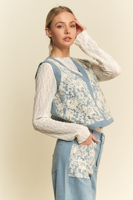 Light Blue Lace Patch Open Front Denim Vest - Tigbul's Variety Fashion Shop