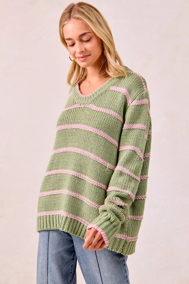 BiBi Striped Long Sleeve Sweater - Tigbul's Variety Fashion Shop
