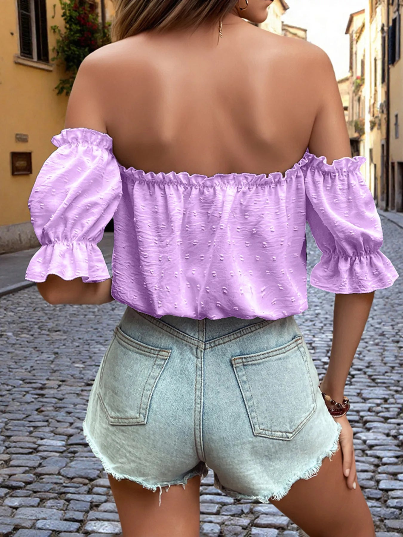 Off-Shoulder Swiss Dot Blouse with Tie Front Detail - Tigbul's Variety Fashion Shop