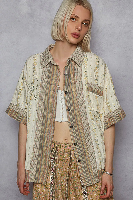 POL Printed Button Down Patchwork Short Sleeve Shirt - Tigbul's Variety Fashion Shop