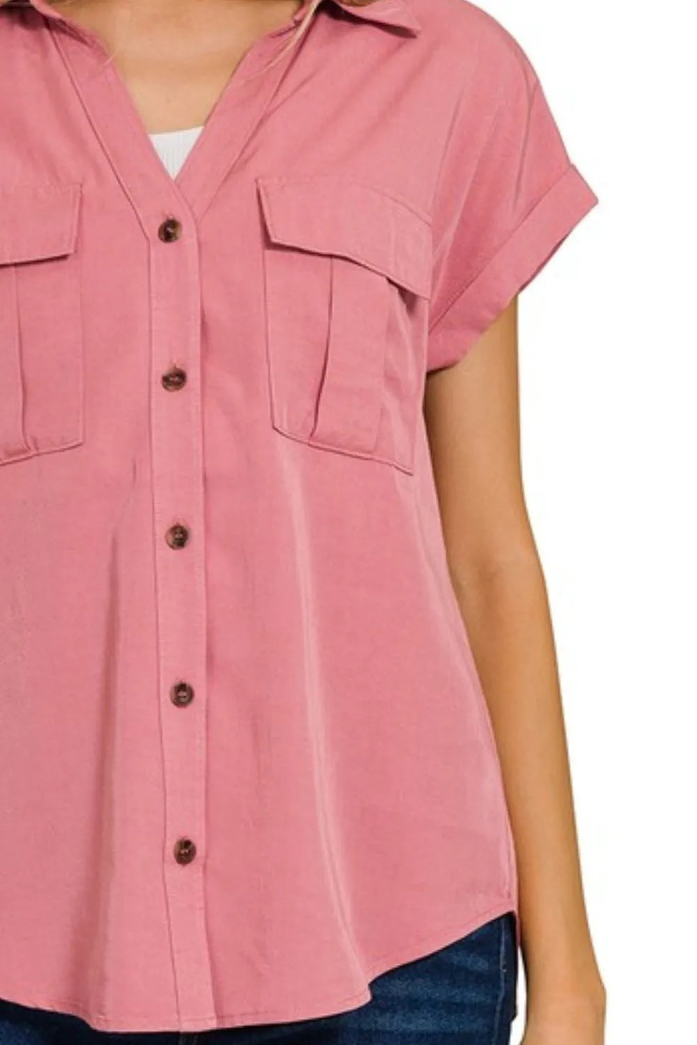 Zenana Tencel V-neck Collared Top W Front Flap Pockets - Tigbul's Variety Fashion Shop