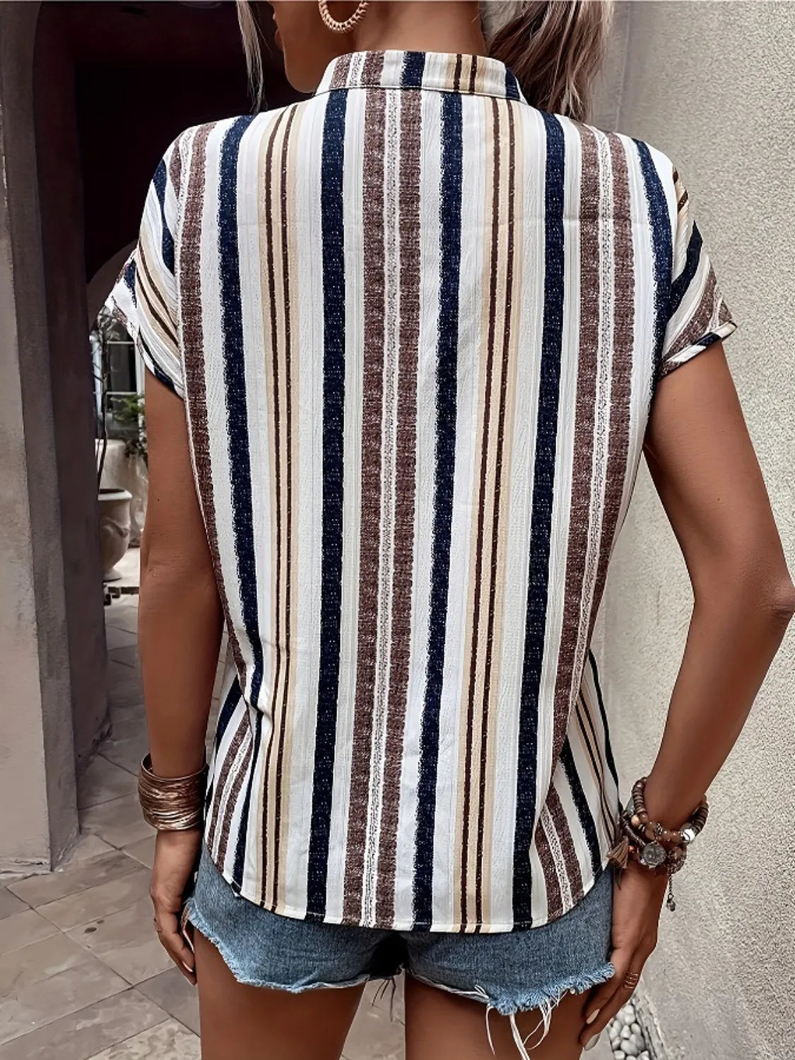 Striped Notched Short Sleeve Shirt - Tigbul's Variety Fashion Shop