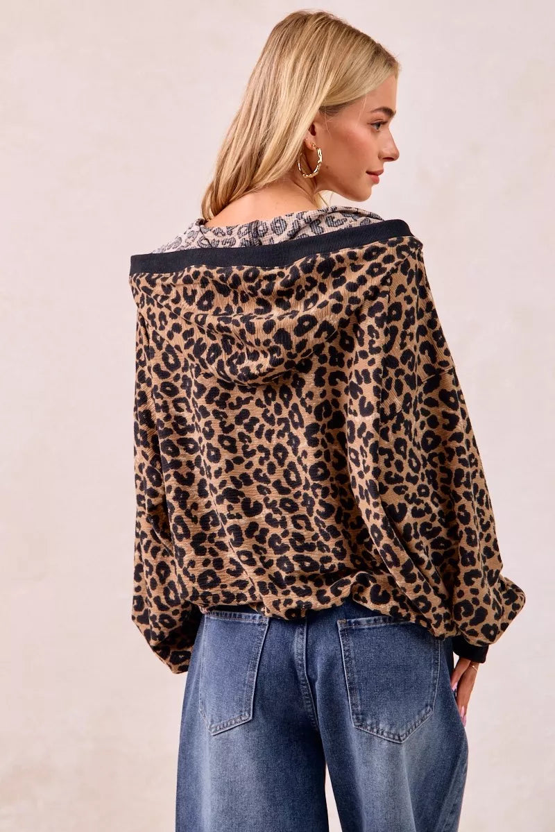 BiBi Leopard Print Waffle Half Zip Up Hoodie W Pocket - Tigbul's Variety Fashion Shop