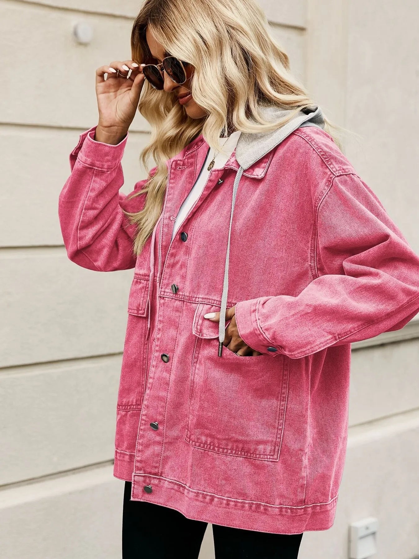 Oversized Button Up Denim Jacket with Hood - Tigbul's Variety Fashion Shop