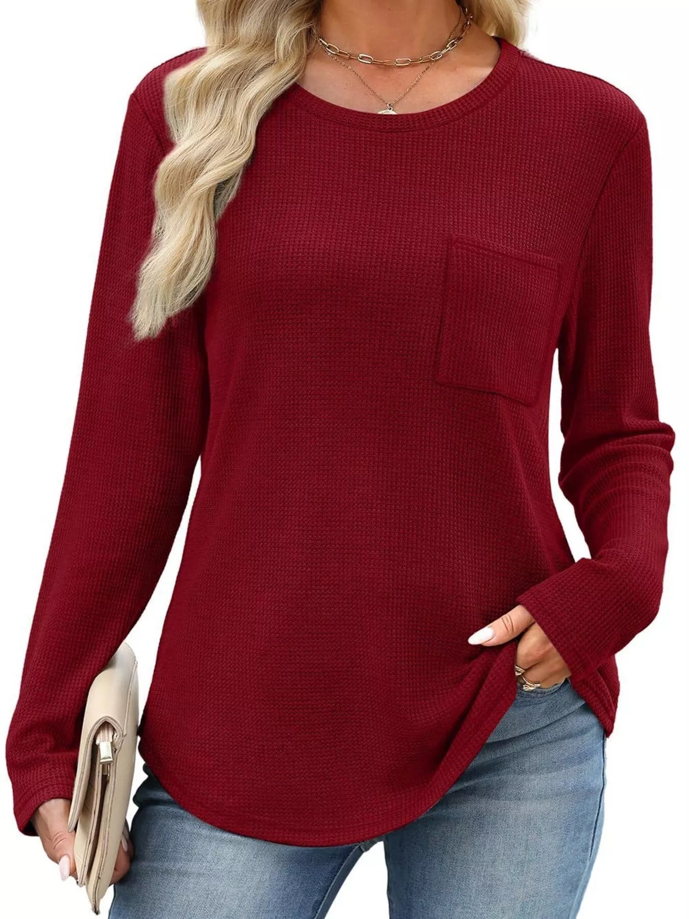 Waffle Knit Long Sleeve Pocket T-Shirt - Tigbul's Variety Fashion Shop