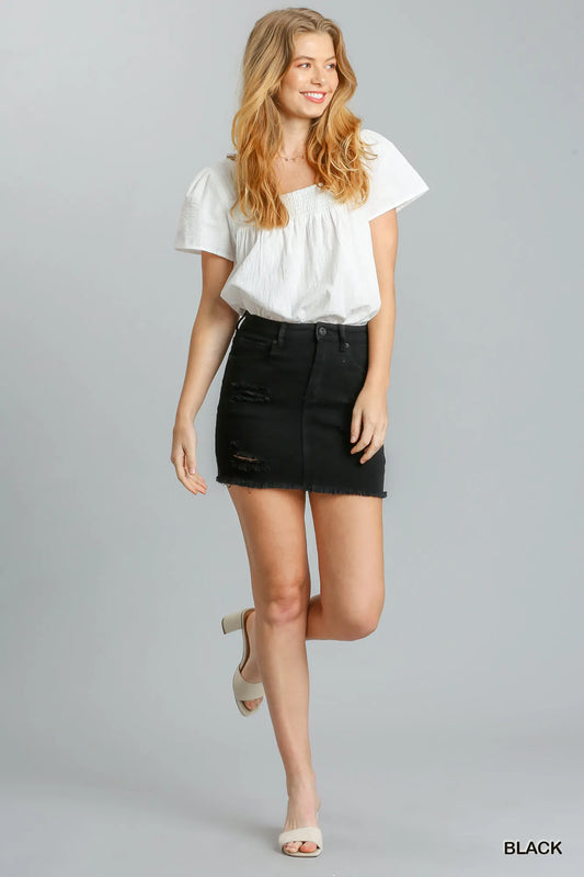 Umgee Distressed Raw Hem High Waist Denim Skirt - Tigbul's Variety Fashion Shop