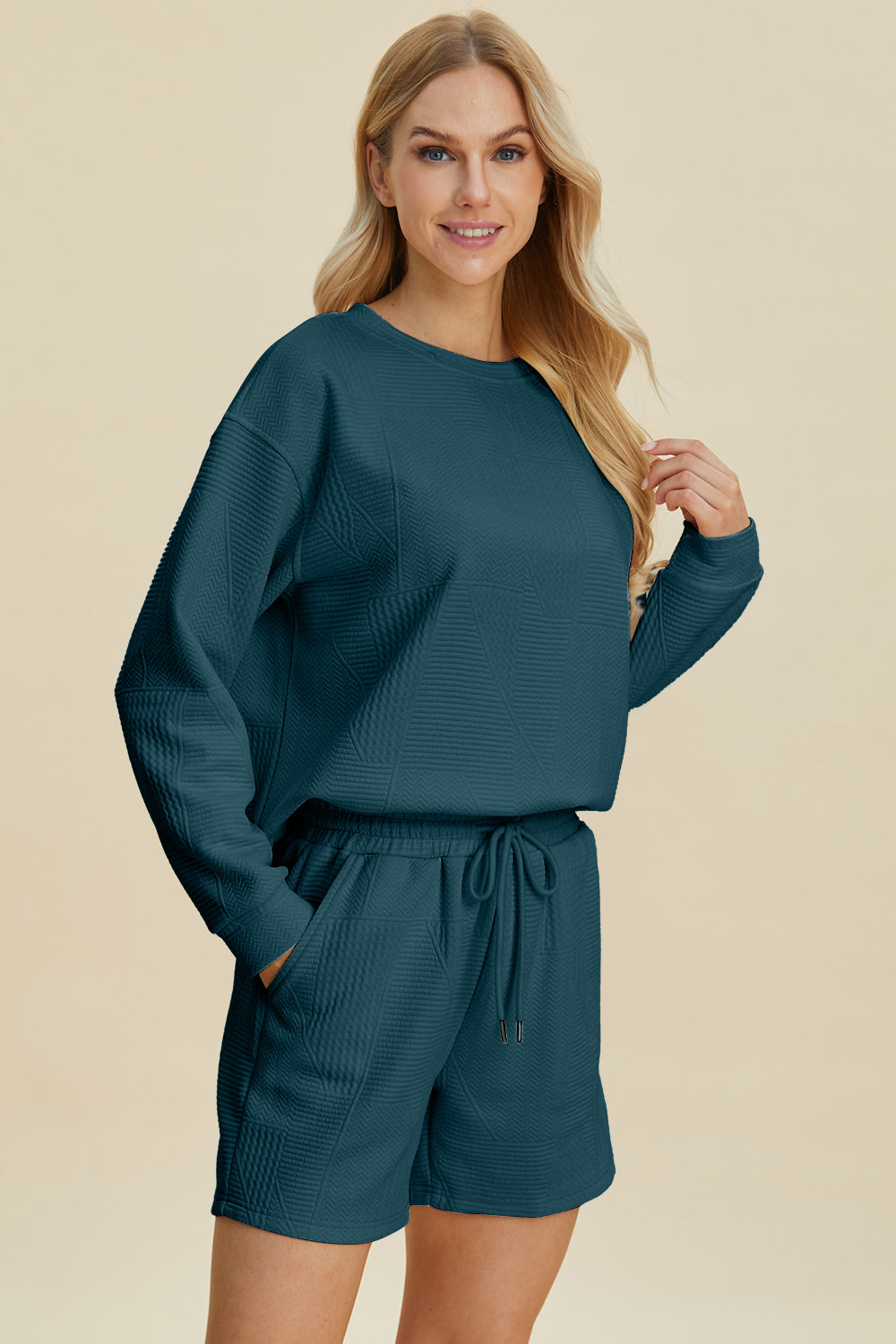 Size Small Blue Textured Long Sleeve Top and Shorts Set - Tigbul's Variety Fashion Shop