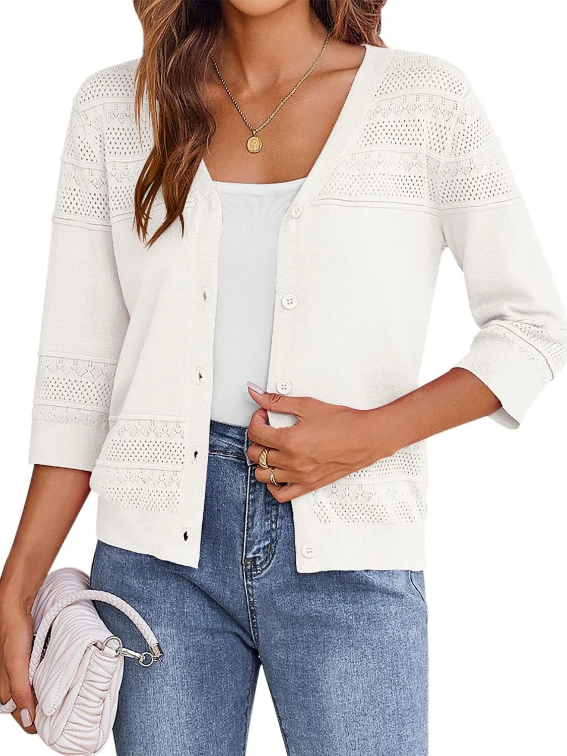 Button Up 3/4 Sleeve Cardigan - Tigbul's Variety Fashion Shop