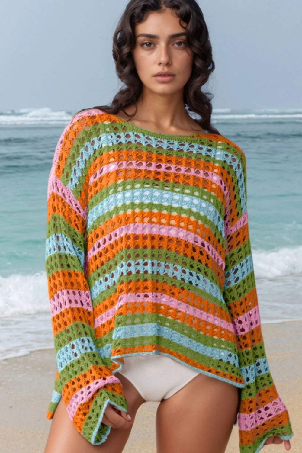 Openwork Round Neck Long Sleeve Knit Cover Up - Tigbul's Variety Fashion Shop