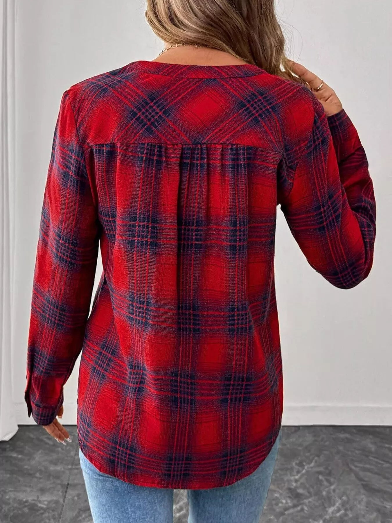 Plaid Half Button Long Sleeve Blouse - Tigbul's Variety Fashion Shop