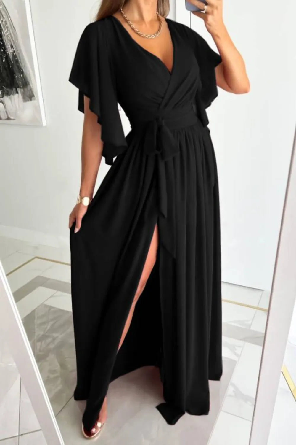Surplice Flutter Sleeve Maxi Dress - Tigbul's Variety Fashion Shop