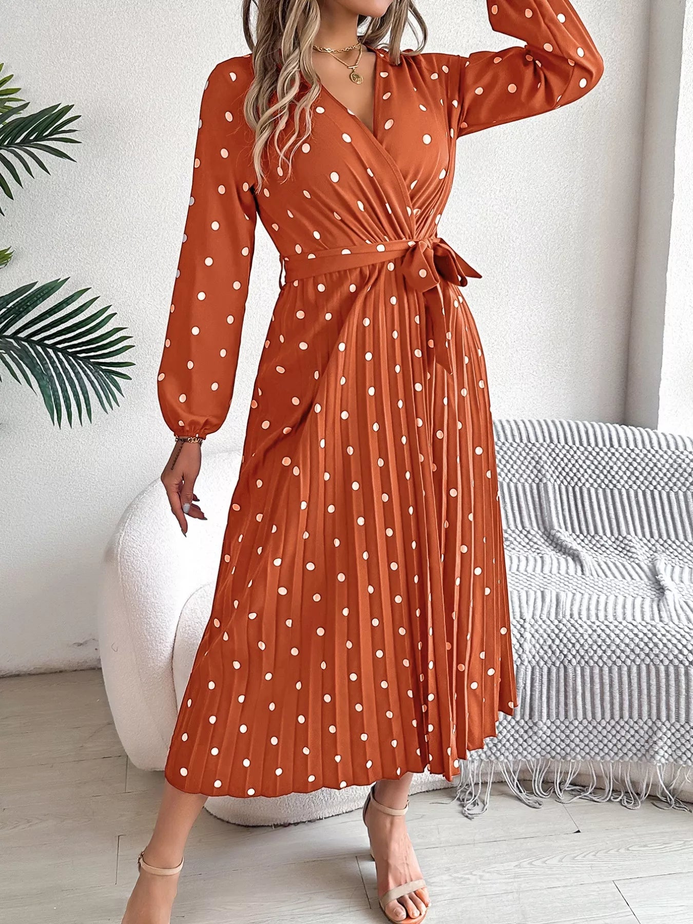 Front Tie Polka Dot Midi Pleated Dress - Tigbul's Variety Fashion Shop