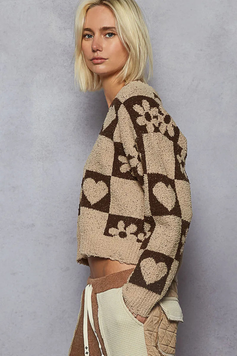 POL V-Neck Heart Pattern Checkered Sweater - Tigbul's Variety Fashion Shop