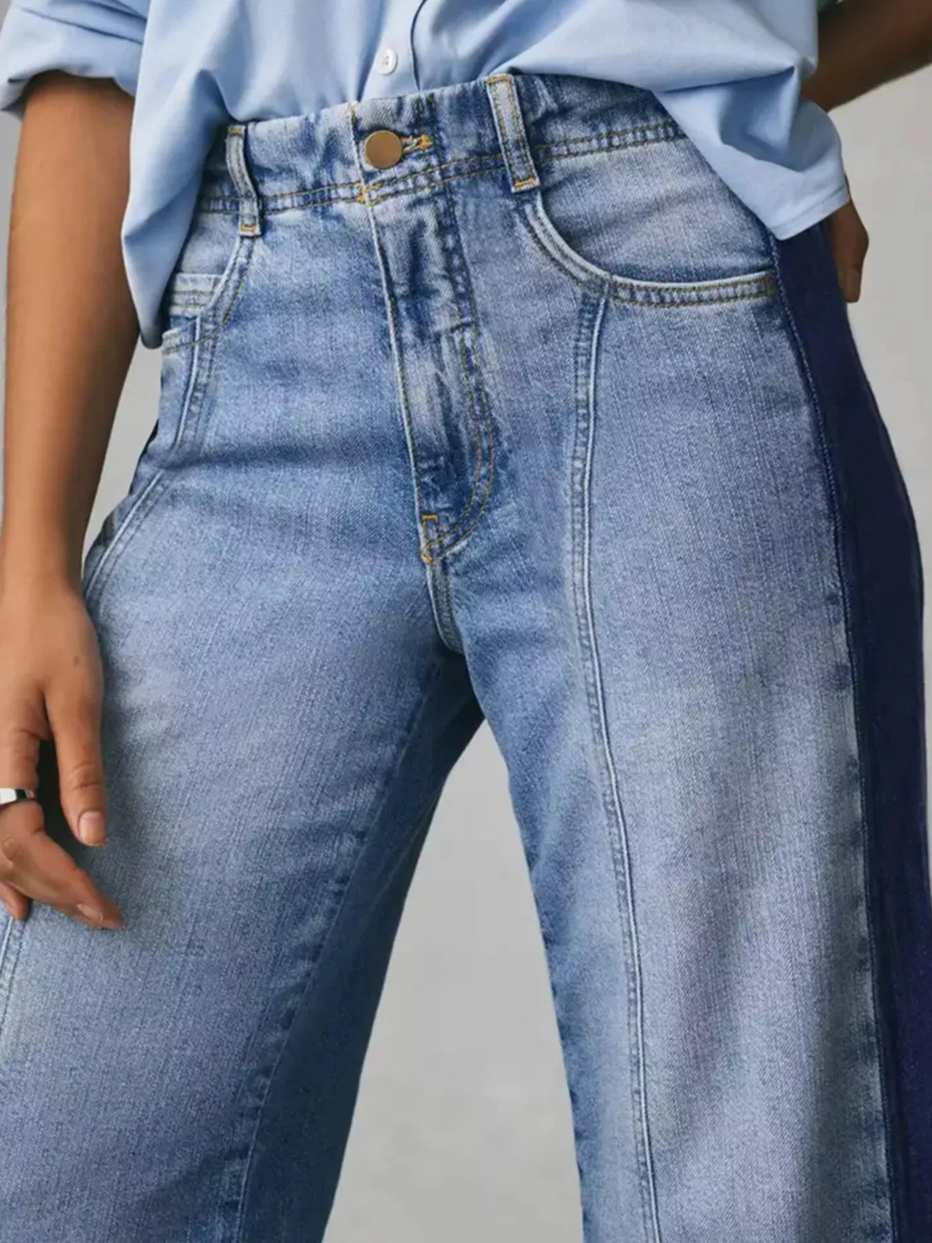 Two-Tone Wide Leg Blue Jeans, Female | Tigbuls Variety Fashion