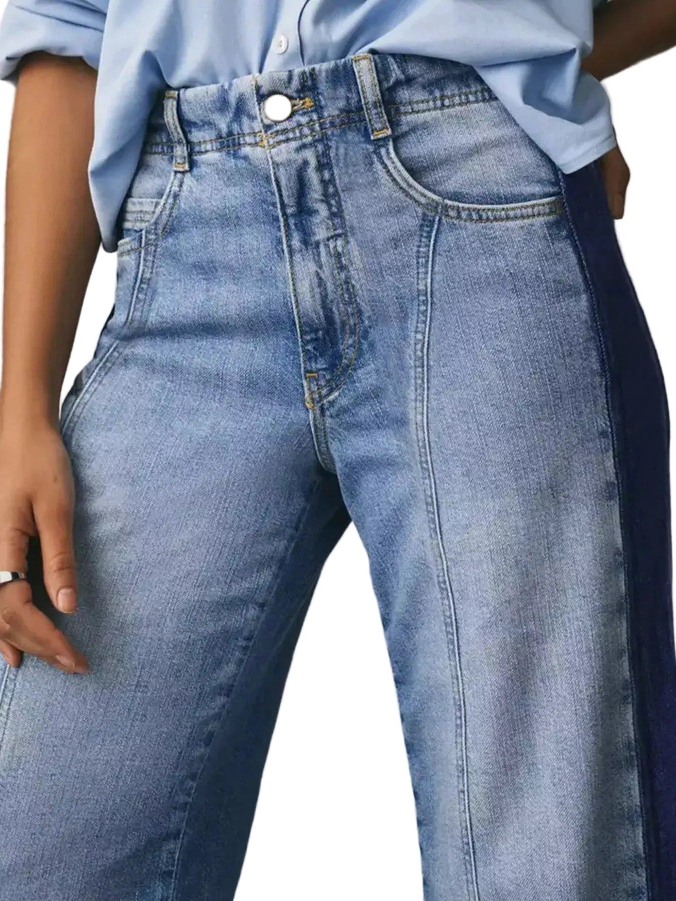Two-Tone Wide Leg Blue Jeans, Female - Tigbul's Variety Fashion Shop