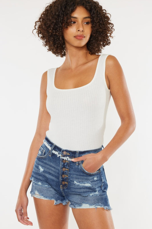 Distressed Dark Wash Button Fly Blue Denim Shorts - Tigbul's Variety Fashion Shop